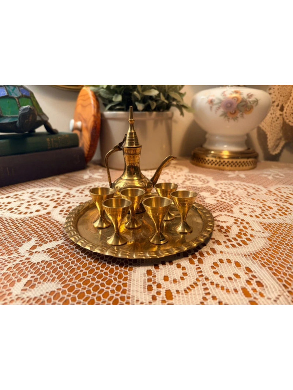 Vintage Miniature Brass Arabic Dallah Coffee Set Tray 6 Goblets